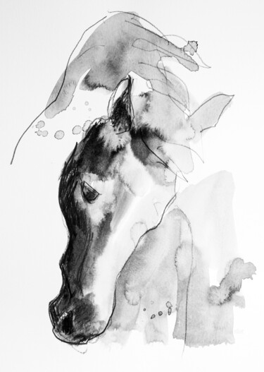 Dibujo titulada "Cheval rétif 0010" por Philippe Alliet, Obra de arte original, Tinta Montado en Cartulina