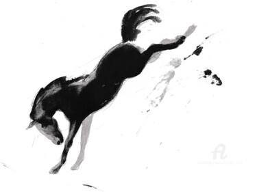 Drawing titled "Cheval rétif  027" by Philippe Alliet, Original Artwork, Ink Mounted on Cardboard