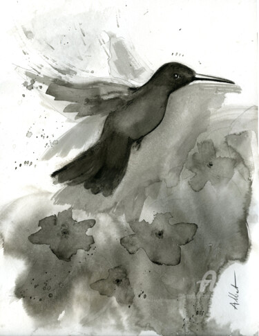 Drawing titled "Colibri dynamique" by Philippe Alliet, Original Artwork, Ink