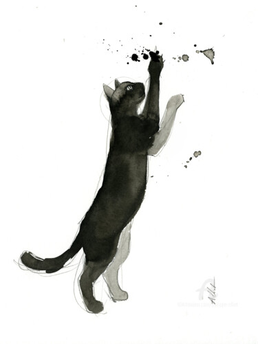 Drawing titled "Chat dynamique 073" by Philippe Alliet, Original Artwork, Ink Mounted on Cardboard