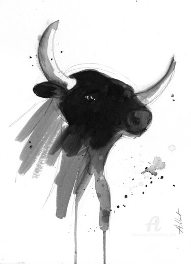 Dessin intitulée "Bull head" par Philippe Alliet, Œuvre d'art originale, Encre Monté sur Carton