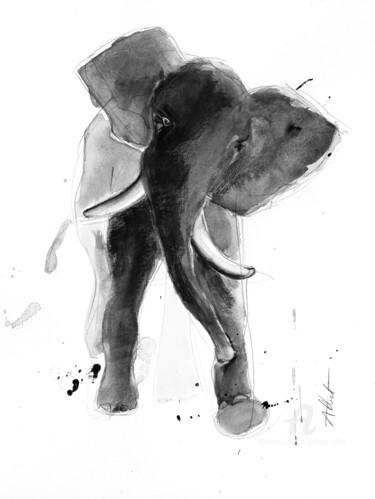 Drawing titled "Eléphant 008" by Philippe Alliet, Original Artwork, Digital Photography Mounted on Cardboard