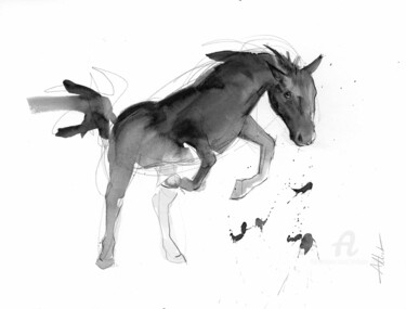 Drawing titled "Cheval rétif 044" by Philippe Alliet, Original Artwork, Ink Mounted on Cardboard