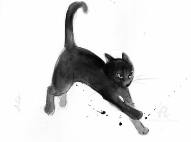 Desenho intitulada "Chat dynamique 0116" por Philippe Alliet, Obras de arte originais, Tinta Montado em Cartão