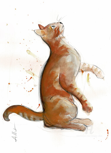 Tekening getiteld "Chat dynamique N°01…" door Philippe Alliet, Origineel Kunstwerk, Aquarel