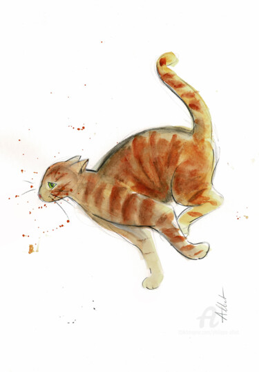 Zeichnungen mit dem Titel "Chat dynamique 0120" von Philippe Alliet, Original-Kunstwerk, Aquarell Auf Karton montiert