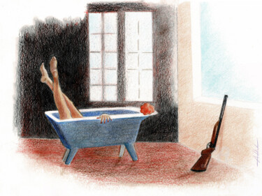 Tekening getiteld "Le bain de Diane -2" door Philippe Alliet, Origineel Kunstwerk, Potlood Gemonteerd op Karton