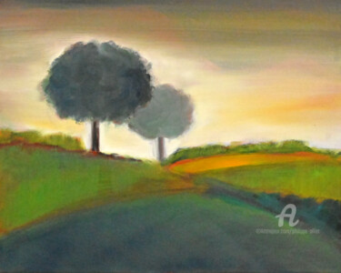Painting titled "Les deux arbres" by Philippe Alliet, Original Artwork, Oil Mounted on Wood Stretcher frame