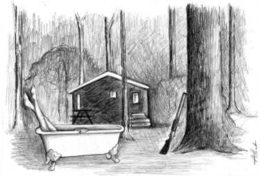 Drawing titled "Le bain de Diane-A-…" by Philippe Alliet, Original Artwork, Pencil