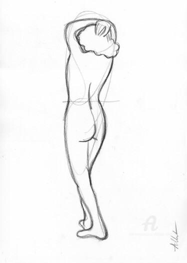 Desenho intitulada "A-052-Nu de dos-DIM" por Philippe Alliet, Obras de arte originais, Lápis