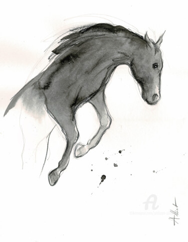 Drawing titled "Cheval rebelle" by Philippe Alliet, Original Artwork, Ink