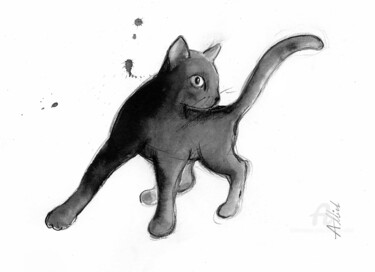 Disegno intitolato "Jeune chat en volte…" da Philippe Alliet, Opera d'arte originale, Inchiostro Montato su Cartone
