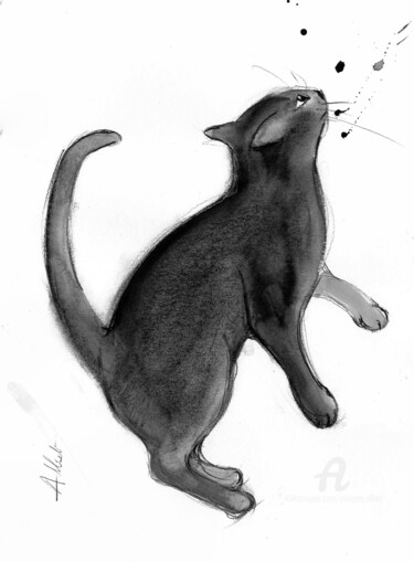 Drawing titled "Chat dynamique D-P-…" by Philippe Alliet, Original Artwork, Ink