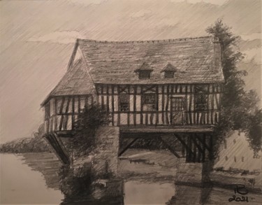 Tekening getiteld ""Le moulin de Verno…" door Philippe Barluet, Origineel Kunstwerk, Conté