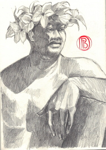 Drawing titled ""Tahitien accoudé"" by Philippe Brobeck, Original Artwork, Pencil