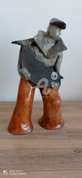 Sculpture titled "Pêcheur à casquette" by Philippe Coeurdevey, Original Artwork, Clay