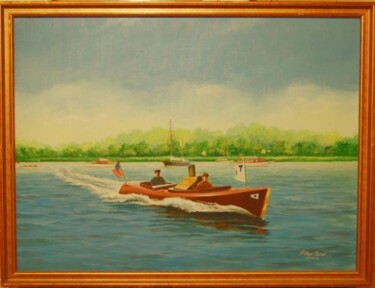 Painting titled "Speedboat "Panhard…" by Philippe Conrad, Original Artwork, Acrylic Mounted on Wood Panel