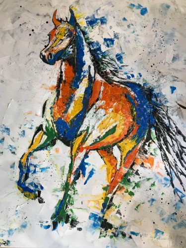 Painting titled "Cheval flamboyant" by Fabienne Dagnet, Original Artwork, Acrylic