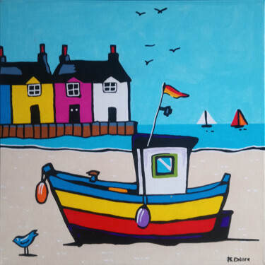 Painting titled "Fishing Boat #02" by Philippe Dailler, Original Artwork, Acrylic Mounted on Wood Stretcher frame