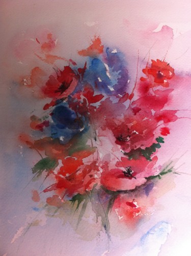 Peinture intitulée "Flowers poppies" par Gaury, Œuvre d'art originale, Aquarelle