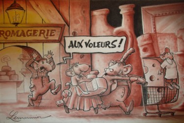 Dessin intitulée "Hold up à la fromag…" par Philippe Lemarinier, Œuvre d'art originale, Pastel Monté sur Panneau de bois