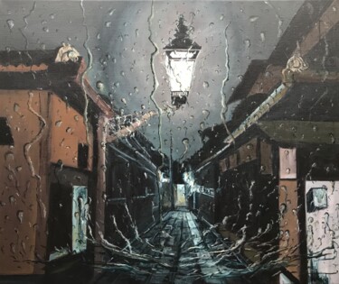 Painting titled "Rainy Night" by Philippe Manson, Original Artwork, Acrylic Mounted on Wood Stretcher frame