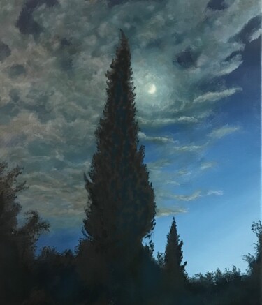 Painting titled "The cypresses" by Philippe Manson, Original Artwork, Oil Mounted on Wood Stretcher frame