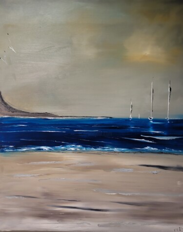 Painting titled "Voiles au loin" by Philippe Petit, Original Artwork, Oil Mounted on Wood Stretcher frame