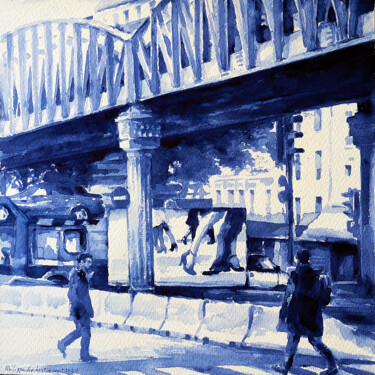 Malerei mit dem Titel "Métro aérien Paris…" von Philippe Robert, Original-Kunstwerk, Aquarell Auf Andere starre Platte monti…
