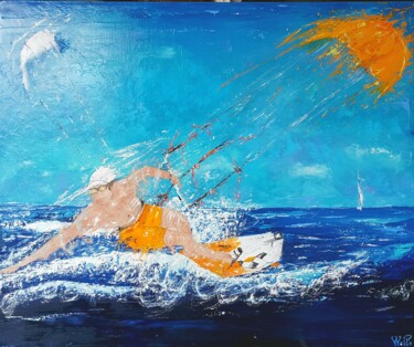 Painting titled "Kitesurf" by Philippe Walle, Original Artwork, Oil Mounted on Wood Stretcher frame