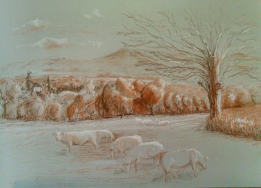 Drawing titled "paysage avec troupe…" by Philip Moreau, Original Artwork, Chalk