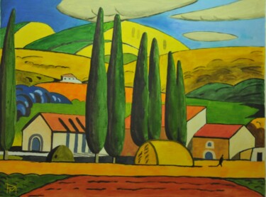 Painting titled "Les Cyprès" by Philip Moreau, Original Artwork, Oil