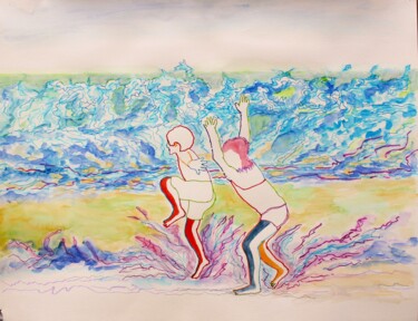 Painting titled "Courir sur la plage" by Philip Moreau, Original Artwork, Watercolor