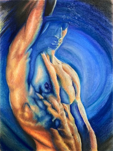 Drawing titled "Torso bleu" by Philippe Petit, Original Artwork, Pastel