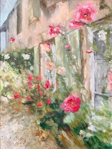 Pintura intitulada "Roses trémières à S…" por Philippe Petit, Obras de arte originais, Óleo Montado em Cartão