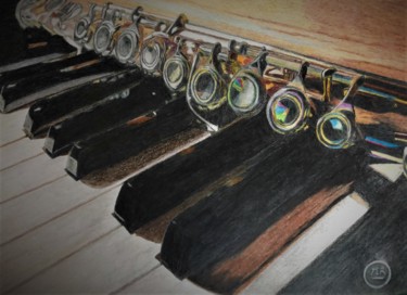 Dessin intitulée "Flûte sur piano" par Pierre Bayet, Œuvre d'art originale, Crayon