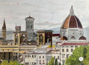 Рисунок под названием "Vue sur Florence" - Pierre Bayet, Подлинное произведение искусства, Карандаш