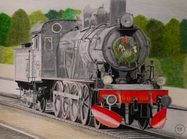 Drawing titled "Train de Noël" by Pierre Bayet, Original Artwork, Pencil