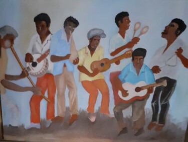 Painting titled "La musique Antillai…" by Pierre Isaac Gozlan, Original Artwork, Oil Mounted on Wood Stretcher frame