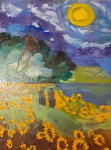 Painting titled "LES TOURNESOLS" by Pierre Isaac Gozlan, Original Artwork, Oil Mounted on Wood Stretcher frame