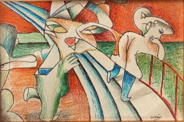 Рисунок под названием "La Passerelle 2" - Pierre-Louis Torres, Подлинное произведение искусства, Цветные карандаши