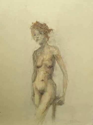 Dessin intitulée "Jeune fille debout,…" par Pierre Milosavljevic, Œuvre d'art originale, Aquarelle