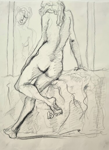 Drawing titled "Dame nue de dos" by Pierre Milosavljevic, Original Artwork, Pencil