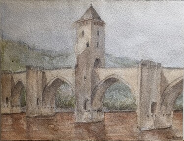 Malerei mit dem Titel "Le pont de valentré…" von Pierre Milosavljevic, Original-Kunstwerk, Aquarell