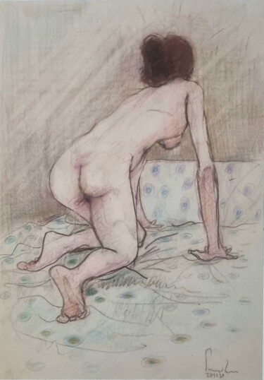Рисунок под названием "Femme nue se coucha…" - Pierre Milosavljevic, Подлинное произведение искусства, Карандаш