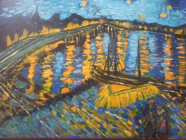 Painting titled "nuit sur le rhone" by Omega Pierre, Original Artwork, Acrylic