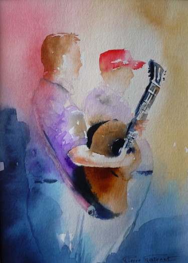 Schilderij getiteld "Le guitariste." door Pierre Patenet, Origineel Kunstwerk, Aquarel Gemonteerd op Karton