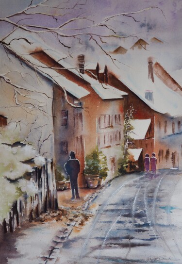 Schilderij getiteld "Rue enneigée dans l…" door Pierre Patenet, Origineel Kunstwerk, Aquarel