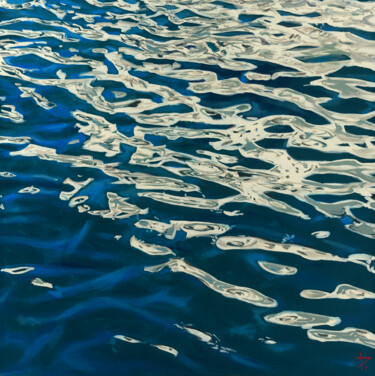 Painting titled "White and blue waves" by Pierre Riollet, Original Artwork, Oil Mounted on Wood Stretcher frame