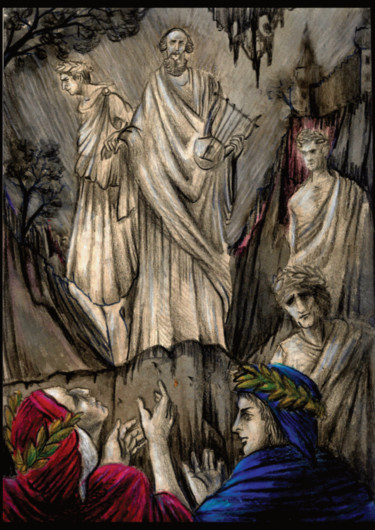 Pittura intitolato "Inferno, Canto IV" da Pietro Di Pompeii, Opera d'arte originale, Grafite Montato su Pannello di legno